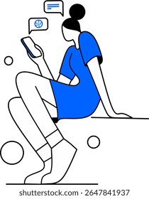 Chica chateando casualmente con inteligencia artificial o asistente de IA por teléfono y encontrando nuevas ideas al instante y aprendiendo cosas fácilmente ilustración de triple tono de Vector 