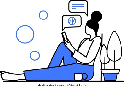 Girl casually chatting with artificial intelligence or AI assistant on phone and finding new ideas instantly and learning stuffs easily vector triple tone illustration 