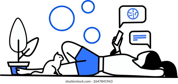 Chica chateando casualmente con inteligencia artificial o asistente de IA por teléfono y encontrando nuevas ideas al instante y aprendiendo cosas fácilmente ilustración de triple tono de Vector 