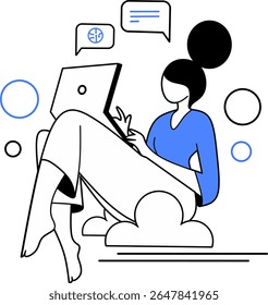 Chica chateando casualmente con inteligencia artificial o asistente de IA por teléfono y encontrando nuevas ideas al instante y aprendiendo cosas fácilmente ilustración de triple tono de Vector 