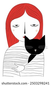 Girl Cat Art, Ideal for Fantasy and Whimsical Themes - Flat Vector Illustration