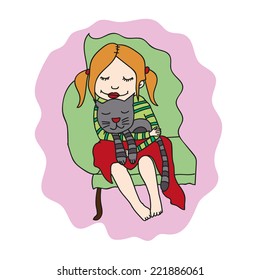 the girl and the cat asleep in the chair