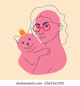 Girl with cat. Avatar, badge, poster, logo templates, print. Vector illustration in doodle style with Riso print effect