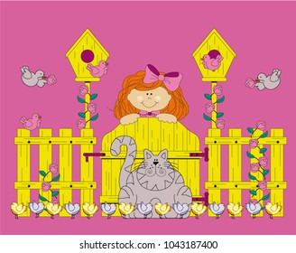 girl, cat, bird houses, fence, house, yard, farm, flowers, birds, chickens