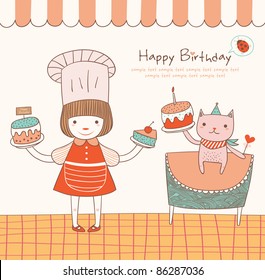 Girl and Cat with a Birthday Cake. Greeting Card Design.