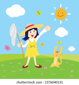 Girl and cat catching butterfly, Summer vacations.