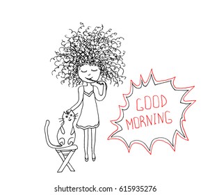 Girl with cat cleans her teeth in the morning on white background. Vector illustration good morning. Cute girl and her cat. Merry card.