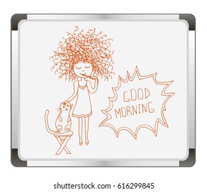 Girl with cat cleans her teeth in the morning on flip chart background. Vector illustration good morning. 