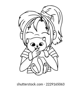 A girl with a cat. Coloring book A child with a pet. Fluffy animals in cartoon style. Vector illustration isolated on white background.