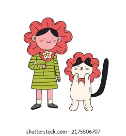 Girl and cat congratulations on the holiday hand drawn flat illustration isolated on white background.