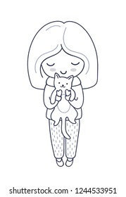 Girl with cat. Cute cartoon character. Vector illustration for coloring book, print, card, postcard, poster, t-shirt, tattoo.