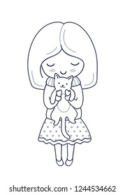 Girl with cat. Cute cartoon character. Vector illustration for coloring book, print, card, postcard, poster, t-shirt, tattoo.