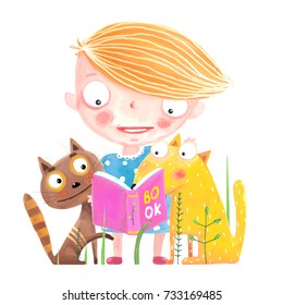 Girl Cat and Dog Reading Book. Funny animals and child studying. Vector cartoon.