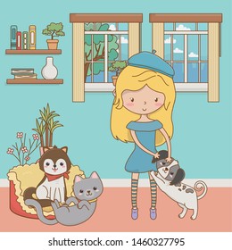 Girl with cat and dogs cartoons design