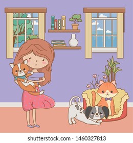 Girl with cat and dogs cartoons design