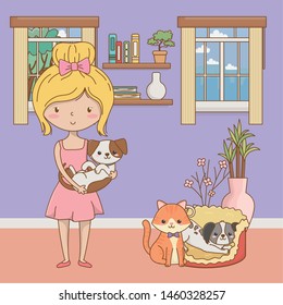 Girl with cat and dogs cartoons design