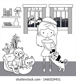 Girl with cat and dogs cartoons design