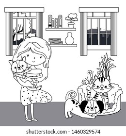 Girl with cat and dogs cartoons design