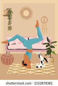 Girl and cat doing yoga. Young black woman with her cat in yoga headstand poses in the living room with boho style interior. Hand drawn cartoon vector illustration.