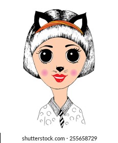 Girl Cat Doodle Vector