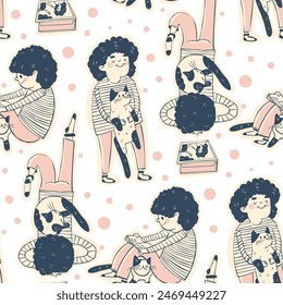 A girl with a cat. A doodle-style sketchbook drawing. Vector illustration.