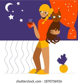 a girl with a cat drinks coffee and admires the stars from the window of the house