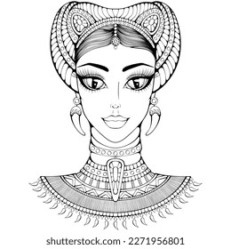 Girl with cat ears cartoon character. Animation portrait of a stylized huntress. Vector illustrations in hand drawn sketch doodle style isolated. Coloring book page. Massive jewelry. Print, tattoo