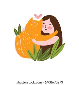 The girl and cat embrace in leaves. Cute vector illustration isolated on the white background. Pet shop banner design.