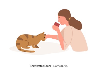 Girl with cat flat vector illustration. Animal care, playing with cat. Home leisure, recreation, relaxation, stress relief concept. Young female petting domestic kitten cartoon character.