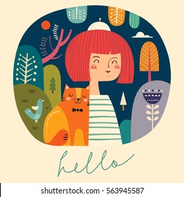 Girl and cat in a forest