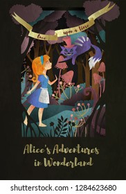 Chica y gato frente al bosque. Inscripción "Alicia aventuras en el país de las maravillas" portada o diseño de afiches