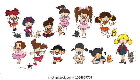 Girl and cat, Hand drawing isolated objects on white background, Vector illustration