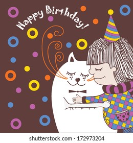Girl and cat. Happy birthday card.Vector illustration.