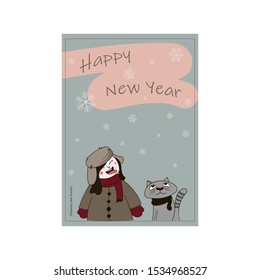 
Girl With A Cat. Happy New Year 2020. 
Postcard