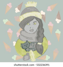  girl with cat and hat