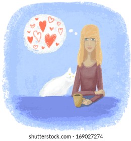 Girl and Cat having coffee. Valentine`s day postcard. Magazine illustration.