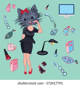 Girl with a cat head in the form of a business lady
