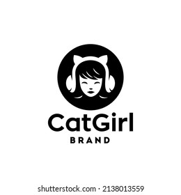 girl with cat headband. cute woman with a cat kitty ear accessories or headphone logo vector Illustration mascot.