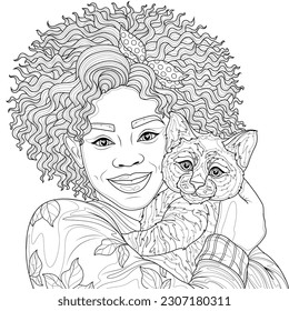 Girl with a cat in her arms among the flowers.Coloring book antistress for adults. Illustration isolated on white background.Zen-tangle style.