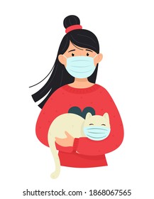 Girl with a cat in her arms in protective face masks. Vector illustration.