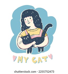 A girl with a cat in her arms. Vector illustration in cartoon style.