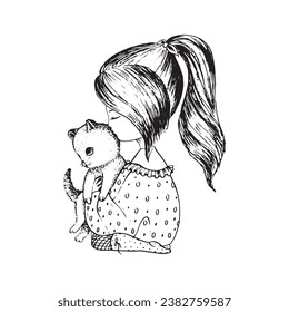 Girl cat illustration graphic line poster room decor wallpaper background cartoon hand drawn illustration t-shirt print, kids wear fashion design, baby shower invitation