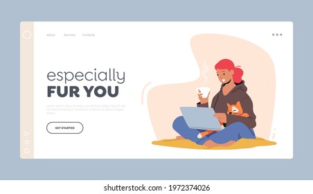 Girl and Cat Landing Page Template. Woman Sitting on Floor Work on Laptop with Cat Sleep on her Hands. Female Character Chatting in Internet, Looking Video Online with Pet. Cartoon Vector Illustration