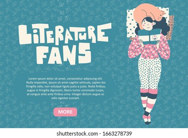 Girl with cat, lies reading book. Literature fan concept vector landing page template