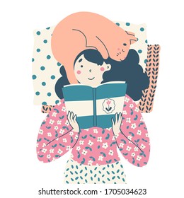 Girl with cat, lies reading book. Literature friends concept vector landing page template