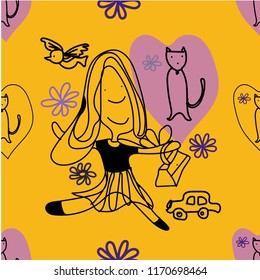 Girl and cat line art vector seamless pattern