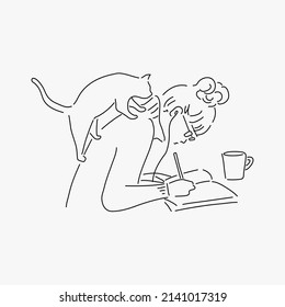 Girl and Cat, line drawing vector illustration symbol design