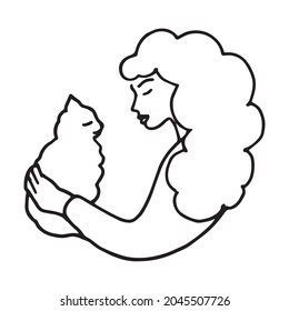 Girl And Cat Line Drawing. Woman And Pet Line Art. Hand Drawn Vector Illustration.