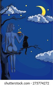 girl and cat looking at the moon