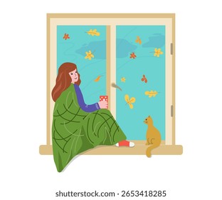 Garota com gato olhando pela janela. Temporada de outono, queda de folhas. Visualize na janela. Xícara de chá, café, bebida quente. Aqueça-se. Cobertor quente, xadrez, estação fria, conforto em casa, aconchego
